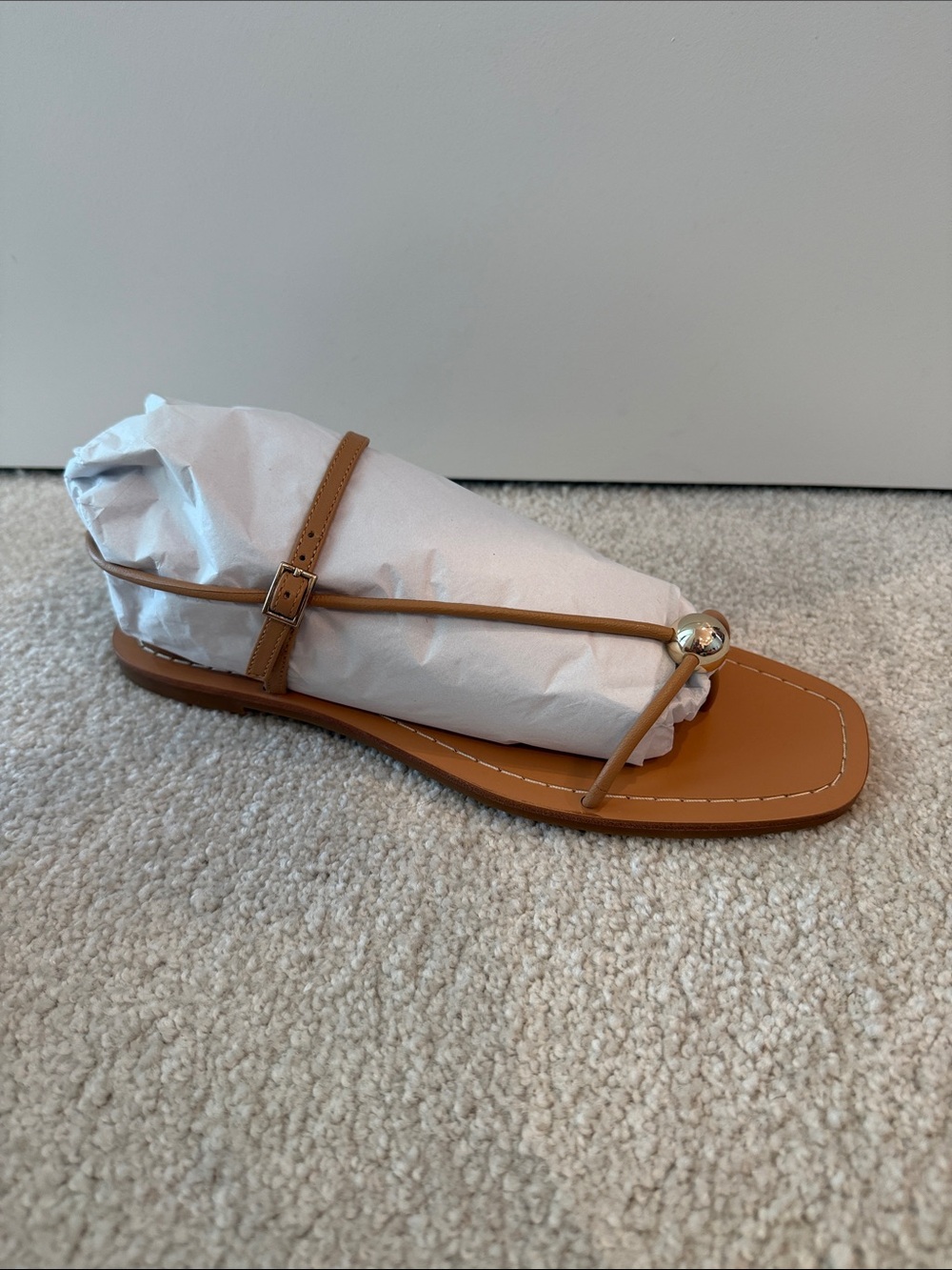 Loeffler Randall Tan Strappy Thong Sandal with Gold Bead